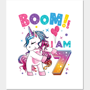 Kids 7 Years Old Unicorn Flossing 7th Birthday Girl Unicorn Party Posters and Art